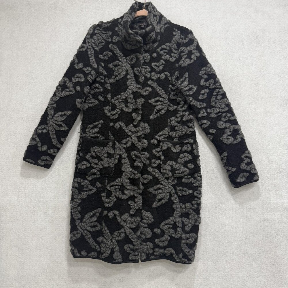 Robert Kitchen Coat Womens Medium Black Wool Floral Knit Overcoat Lined Pockets